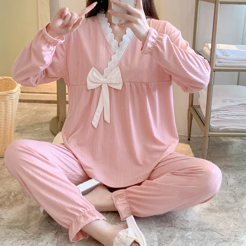

Spring and Autumn Milk Silk Pit Strip Solid Color Lace Pullover V-Neck Double Long Pajamas Women's Casual 2-Piece Homewear