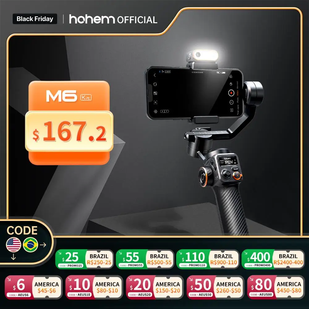 

Hohem iSteady M6 Handheld Gimbal Stabilizer Selfie Tripod for Smartphone with AI Magnetic Fill Light Full Color Video Vlogging