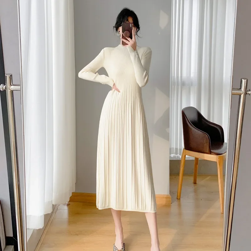Осень/зима женское элегантное вязаное платье с высоким воротником до половины