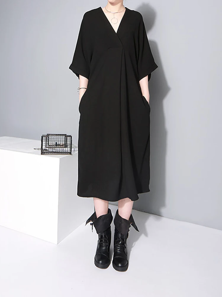 [EAM] 2022 Новое весенне-летнее шифоновое платье свободного покроя с v-образным