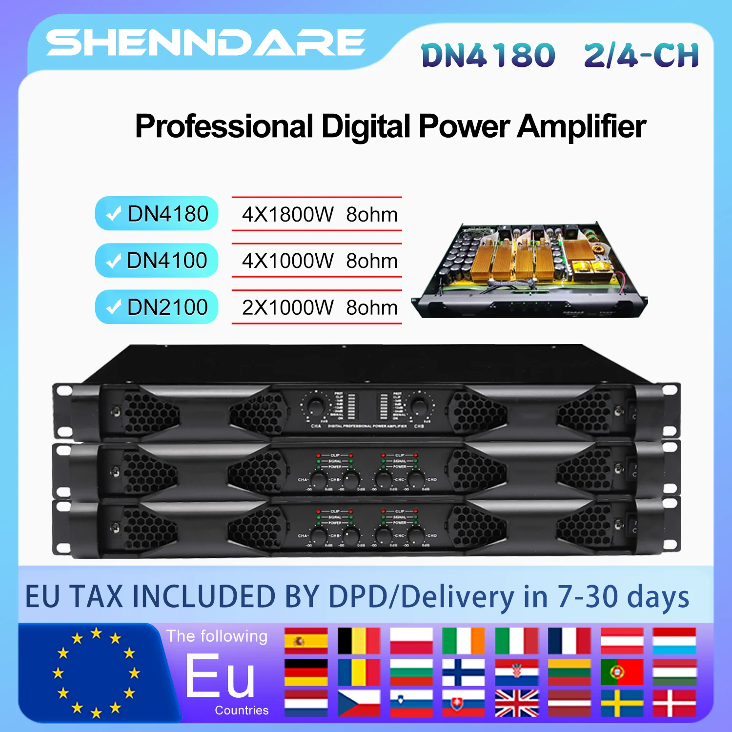 Фото Цифровой усилитель мощности SenMicre DN4180 4x1800 Вт, 8 Ом, 4-канальный аудиоусилитель для сабвуфера, AMP 4x3500 Вт, 4 Ом, для линейных массивов акустических систем №1