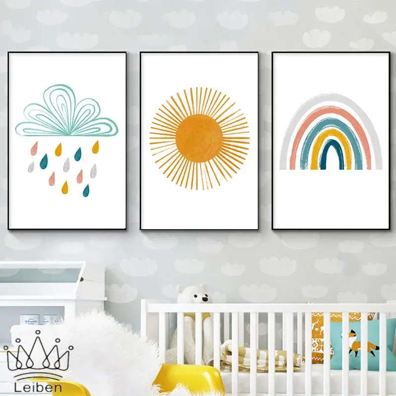 

Nursery Wall Art Poster Cartoon Sun Rainbow Cloud Canvas Painting Nordic Modern Minimalist Picture for Decor Kids Room Baby Gift