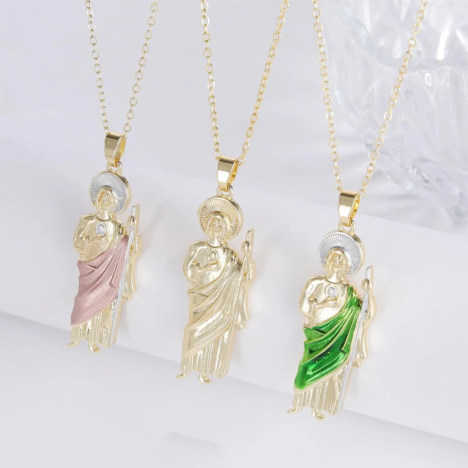 G&D Luxury Green Saint San Judas Tadeo Medalla Cadena Gold Plated Jude Pendant Necklace For Women Jewelry Party Birthday Gift