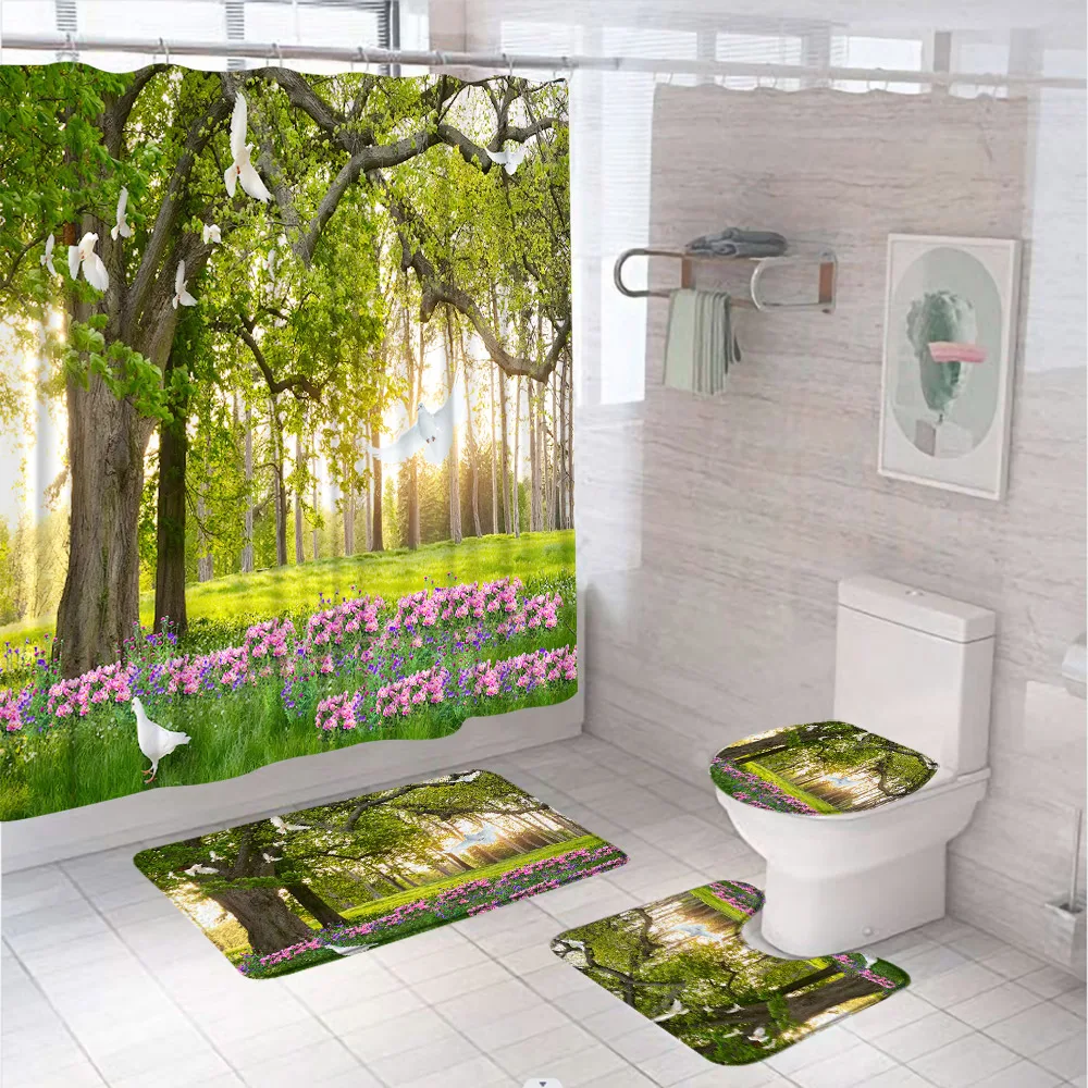 

Garden Scenery Stream Shower Curtain Sets Forest Tree Flower Bird Bathroom Screen Anti-slip Bath Mat Toilet Lid Cover Carpet Rug