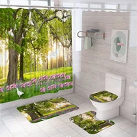 garden scenery stream shower curtain sets forest tree flower bird bathroom screen anti slip bath mat toilet lid cover carpet rug