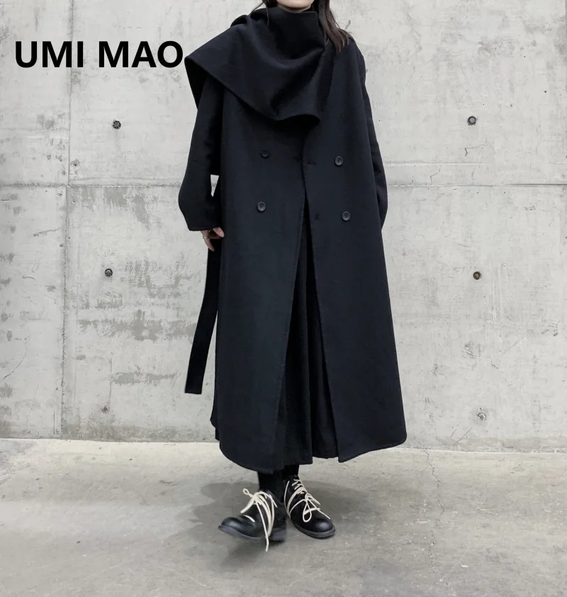 

Двусторонний кашемировый женский тренчкот UMI MAO Yamamoto с шарфом для теплой длинной ветровки свободные пальто