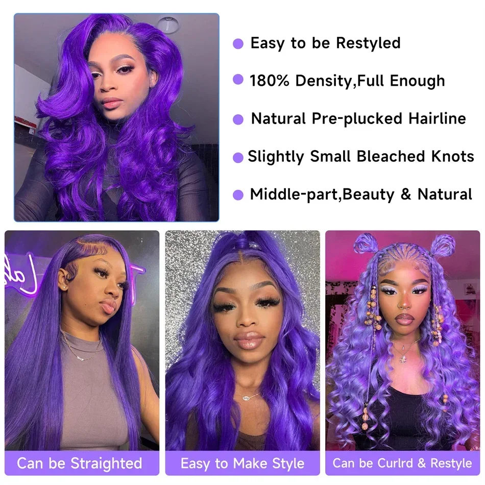 Фото Парик из натуральных волос Body Wave, фиолетовый, 2026, 13x4 HD, с кружевной передней частью, цветной, высокой плотности, для женщин, для косплея, индивидуальный модный стиль №5
