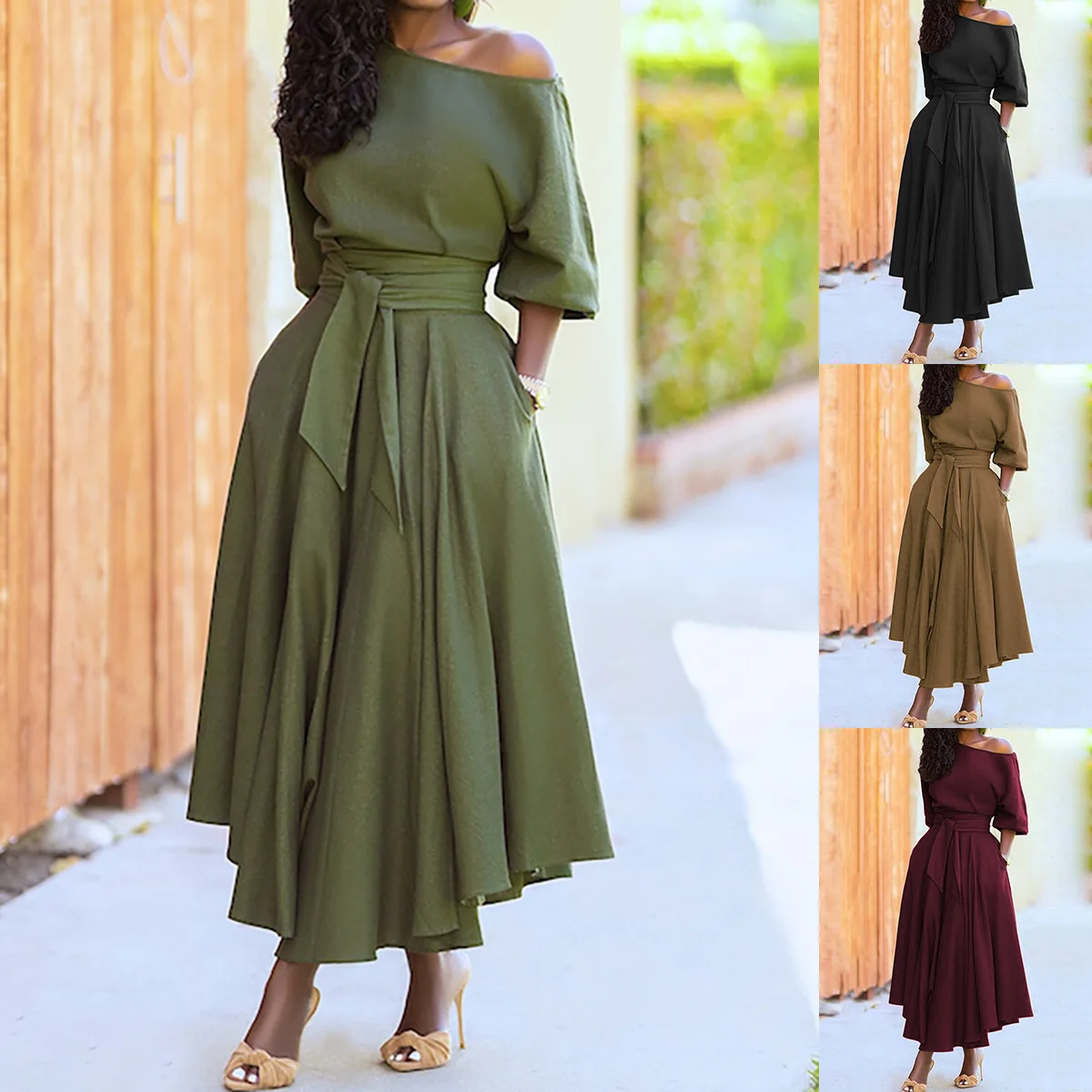 

2023 Summer Dress with Pockets Women Elegant Slanted Shoulder Collar Lace Up Waist Style Solid Color Ruffled Irregular Hem Skirt