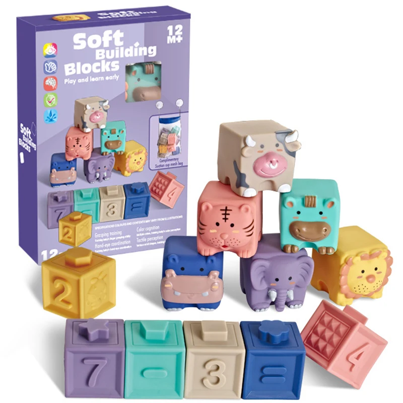 

12PCS 3D Silicone Building Blocks for Baby Sensory Sound Toys Cartoon Animal Number Early Education Soft Puzzle Cube Bath Toy