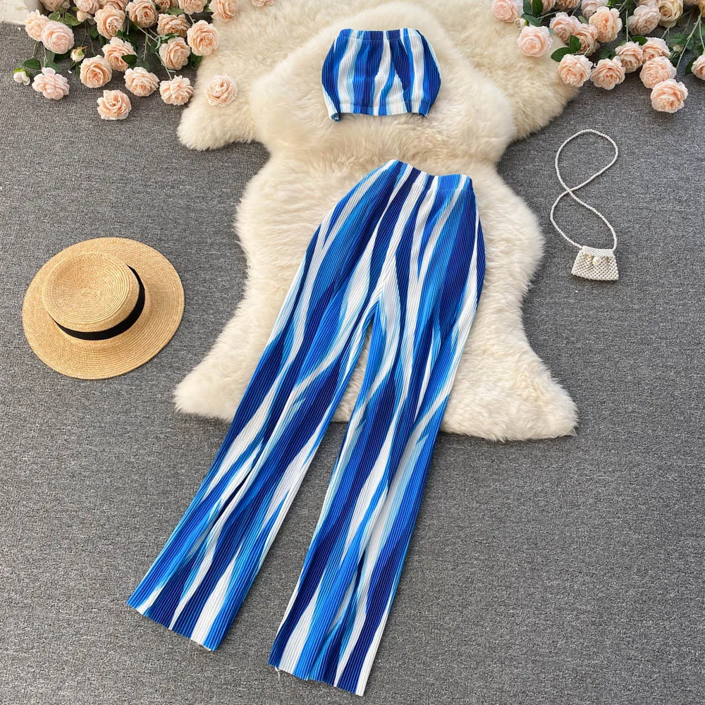 

Echoine Fashion Colorful Tie Dye Print Strapless Crop Top Ruched Wide Leg Pants Two Piece Set Stretch Outfits Street Summer