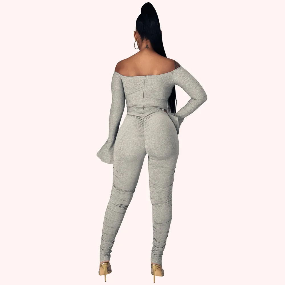 Black Flared Sleeve Jumpsuit One Line Neck Sexy Rompers Grey Slim Bodysuit Strap Slit Trousers African Casual Womens Summer 2022