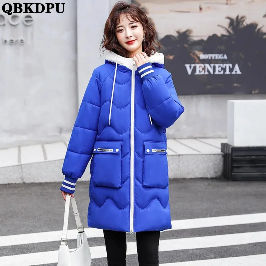 

Oversized 4XL Loose Thicken Winter Hooded Mid-length Coat Women Warm Parka Casual Korean Outwear Solid Snow Windbreaker Jackets