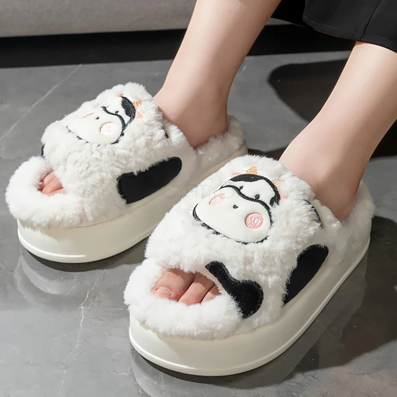 Women slippers Home Lovely Cartoon Cow Platform Soft Slippers for Women Winter Furry Female Indoor Slides Breathable House Shoes