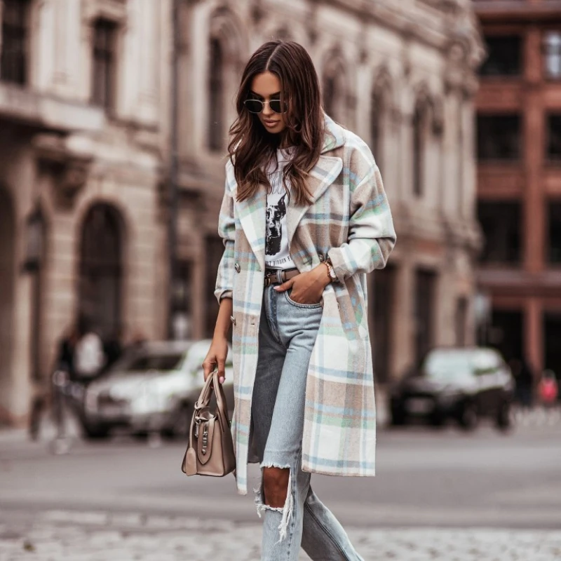

Woolen Coat Long-sleeved Mid-length Lapel Single-breasted 2021 Autumn and Winter Fashion Temperament Plaid Coat Women's Clothing