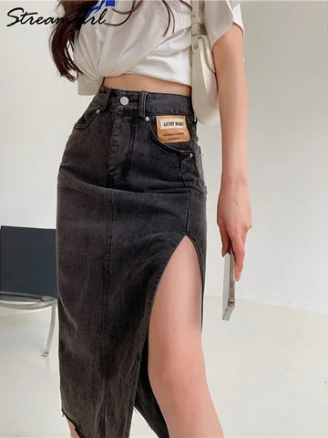 Streamgirl Maxi Jeans Skirt Women Denim Long Skirts Summer 2023 Vintage Maxi Skirt Side Split Denim Skirt Women Long Korean