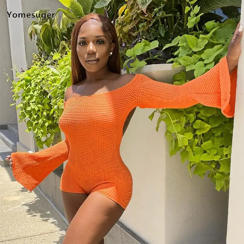 

Yomesuger Sexy Off Shoulder Long Sleeve Playsuits Women Hipster Solid Backless Skinny One Piece Rompers 2023 Vacation Outfits