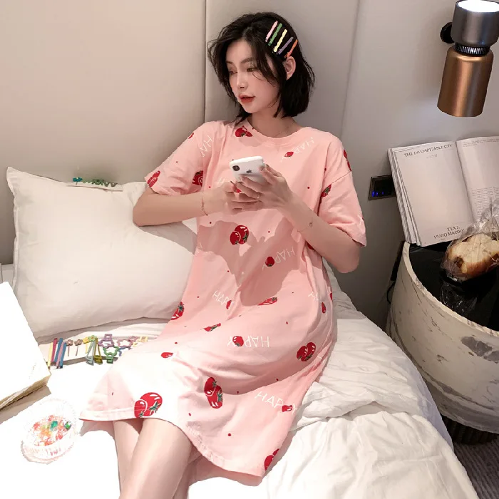 Women Nightgowns Cotton Nightdress Cute Cartoon Nightwear Sweet Princess Short Sleeve Sleepwear Loose Spring Homewear Nightshirt