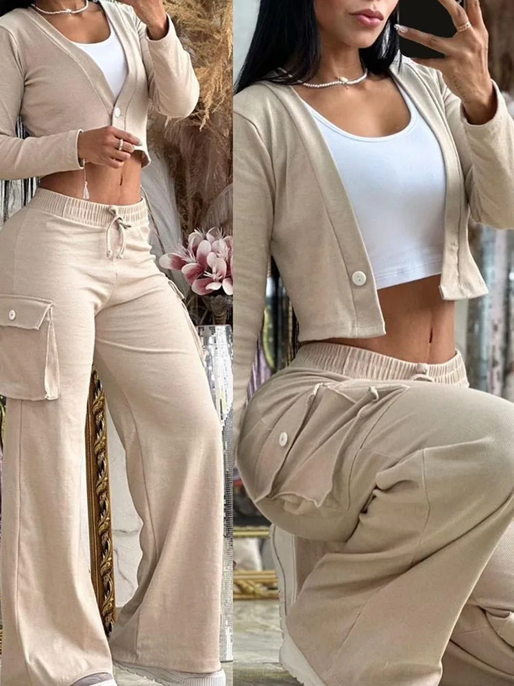 

Sets Outifits 2023 New Tape Patch Ribbed Crop Coat & Pants Set Of Two Fashion Casual Pieces For Women Tracksuits Elegant Female