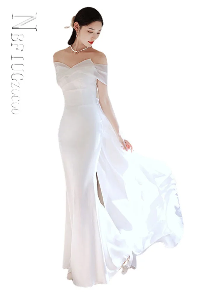 

French Off The Shoulder Wedding Dress High End Banquet Temperament Female White Wedding Gown