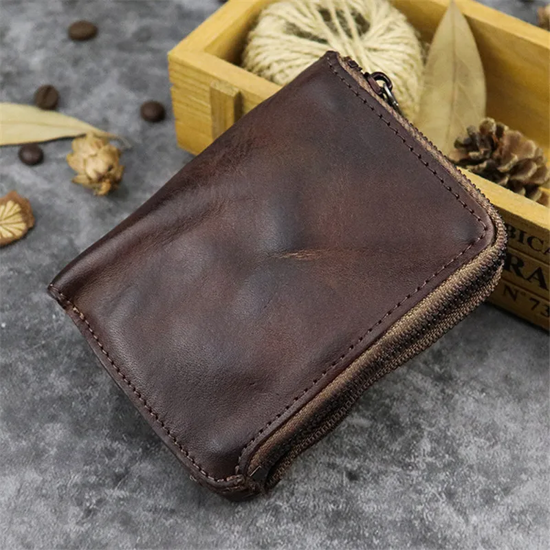 Vintage simple genuine leather 2 zipper multi function coin purse handmade natural real cowhide small money ID cards Wallets