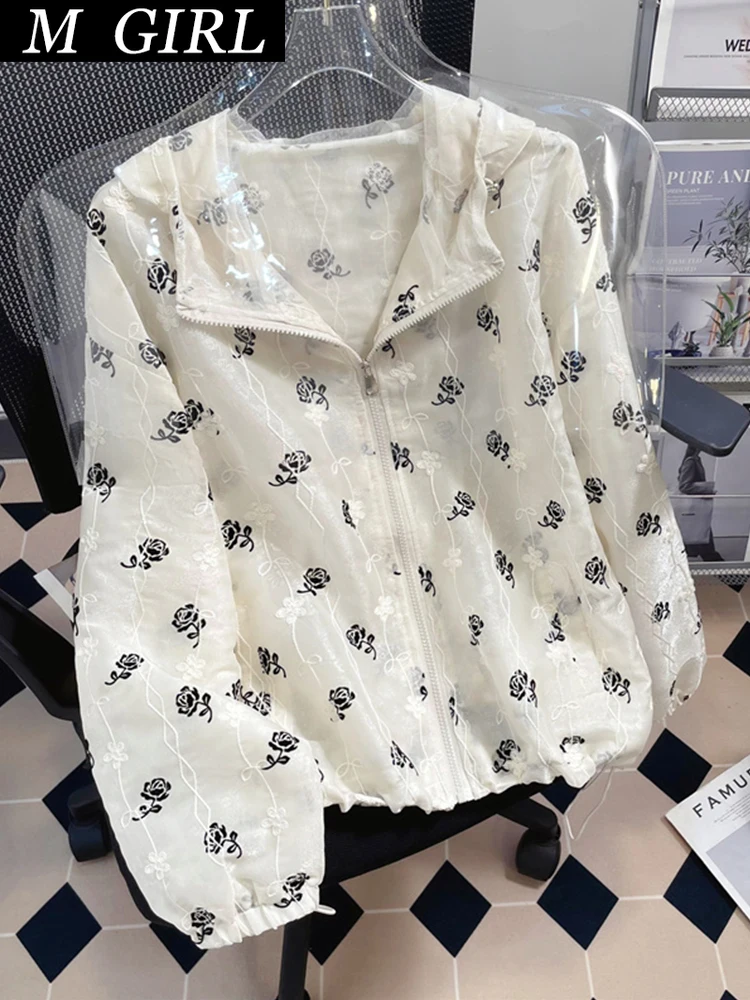 

M GIRLS Long Sleeved Sunscreen Women 2023 Summer Lace Rose Embroidery Thin Hooded UV Coats Female Casual Breathable suntans Tops