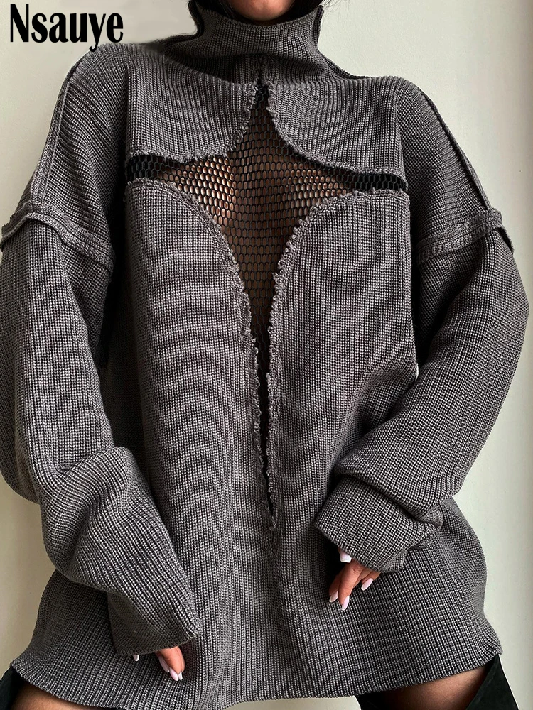 Пуловер Nsauye Y2K вязаный джемпер оверсайз топы ажурные Лоскутные водолазки с