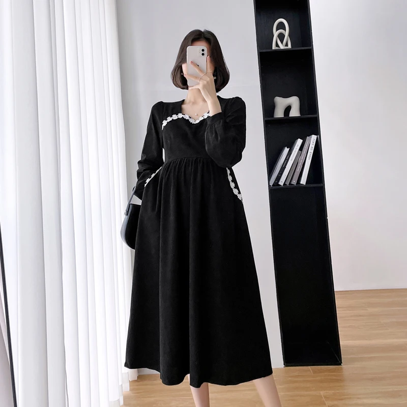 

2606# 2022 Spring Korean Fashion Maternity Long Party Dress Elegant Chic Ins A Line Slim Clothes for Pregnant Women Pregnancy