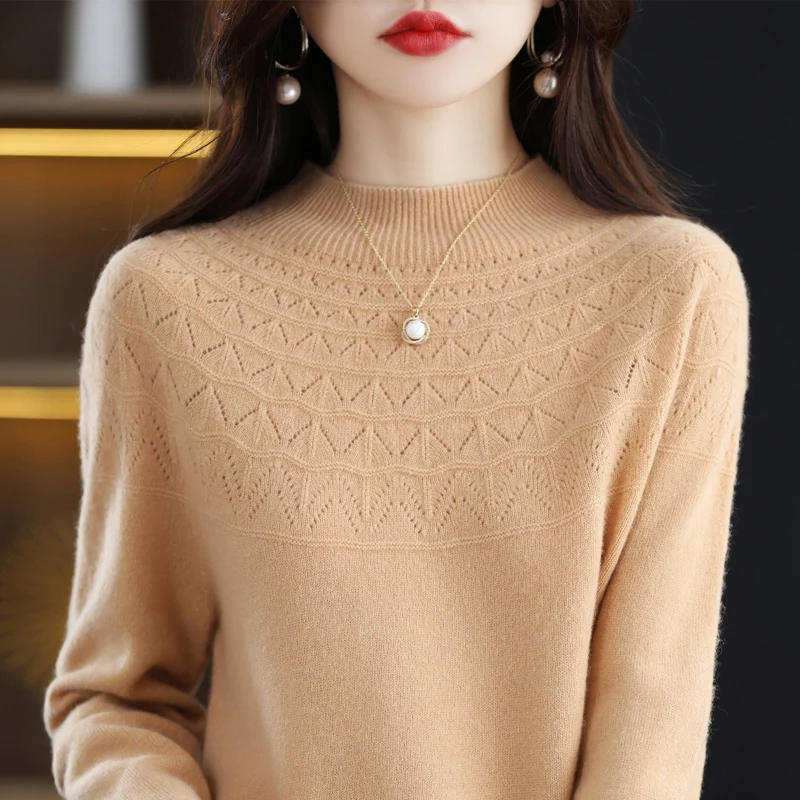 

Autumn and winter new 100% wool single-line ready-to-wear hollow women's pullover O-neck cashmere sweater knitted solid color
