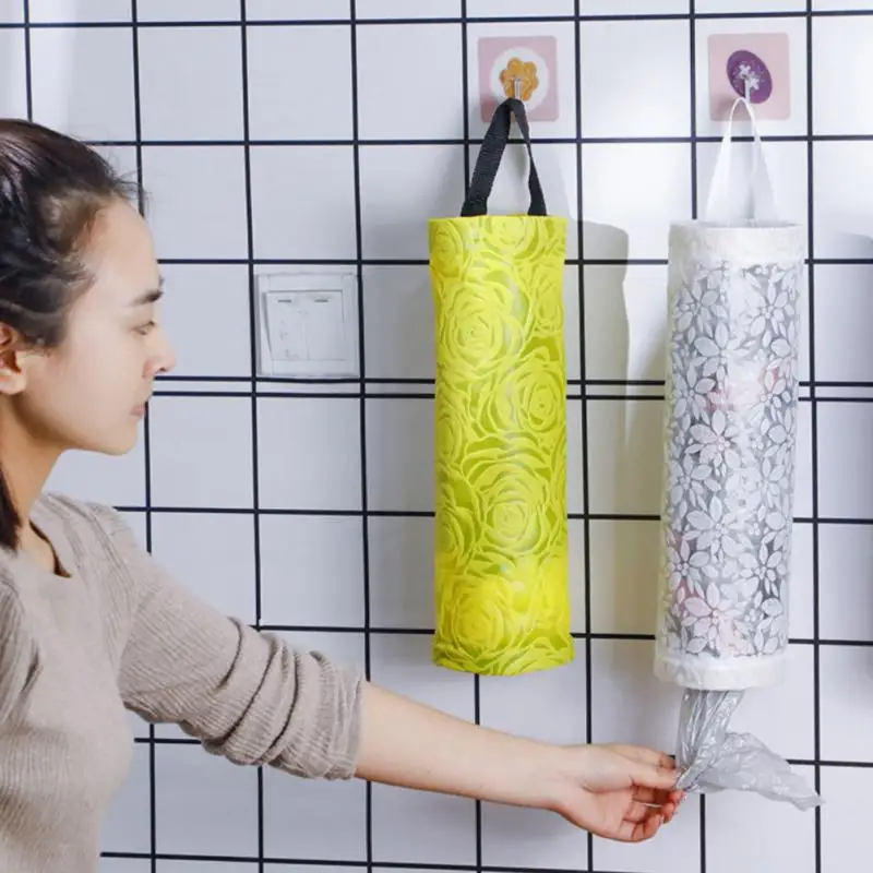 

Wall Mounted Plastic Bag Holder Dispenser Home Grocery Bag Holder Hanging Storage Trash Garbage Bag Kitchen Garbage Organizer