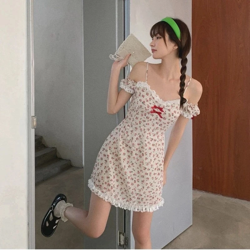 

2022Spring SummerLolita Floral one shoulderDress Women Sexy Lace Patchwork Spaghetti Strap Mini Dress Fairycore Korean Fashion