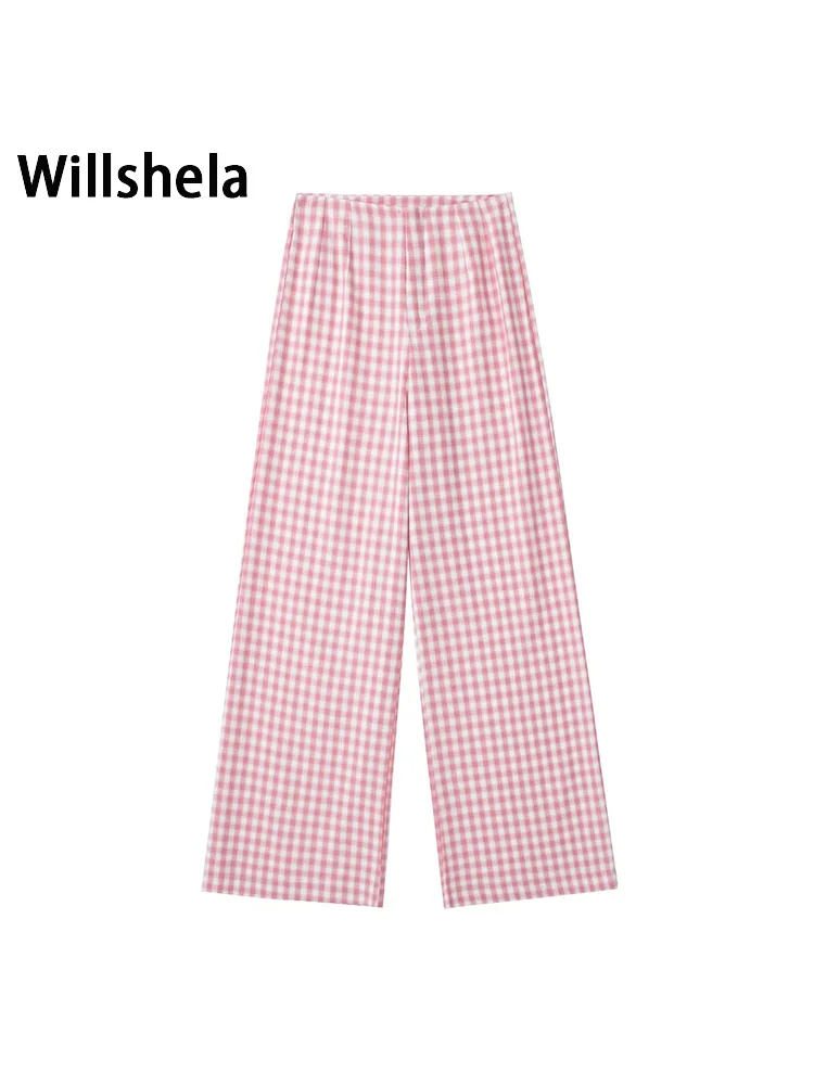 

Willshela Women Fashion Plaid Front Zipper Trousers Vintage Full Length Mid Waist Female Office Lady Straight Pants