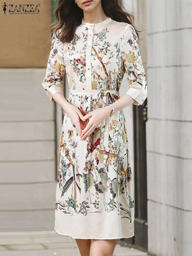 Винтажное длинное платье с рукавами 3/4 Vestidos ZANZEA женское миди принтом осень 2024