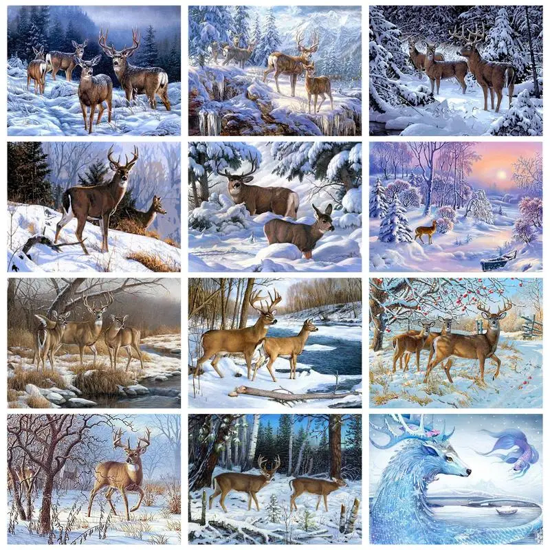 

RUOPOTY Diy Painting By Numbers For Adults Elks In Snow Coloring On Numbers Winter Landscape On Canvas Diy Gift Home Decors