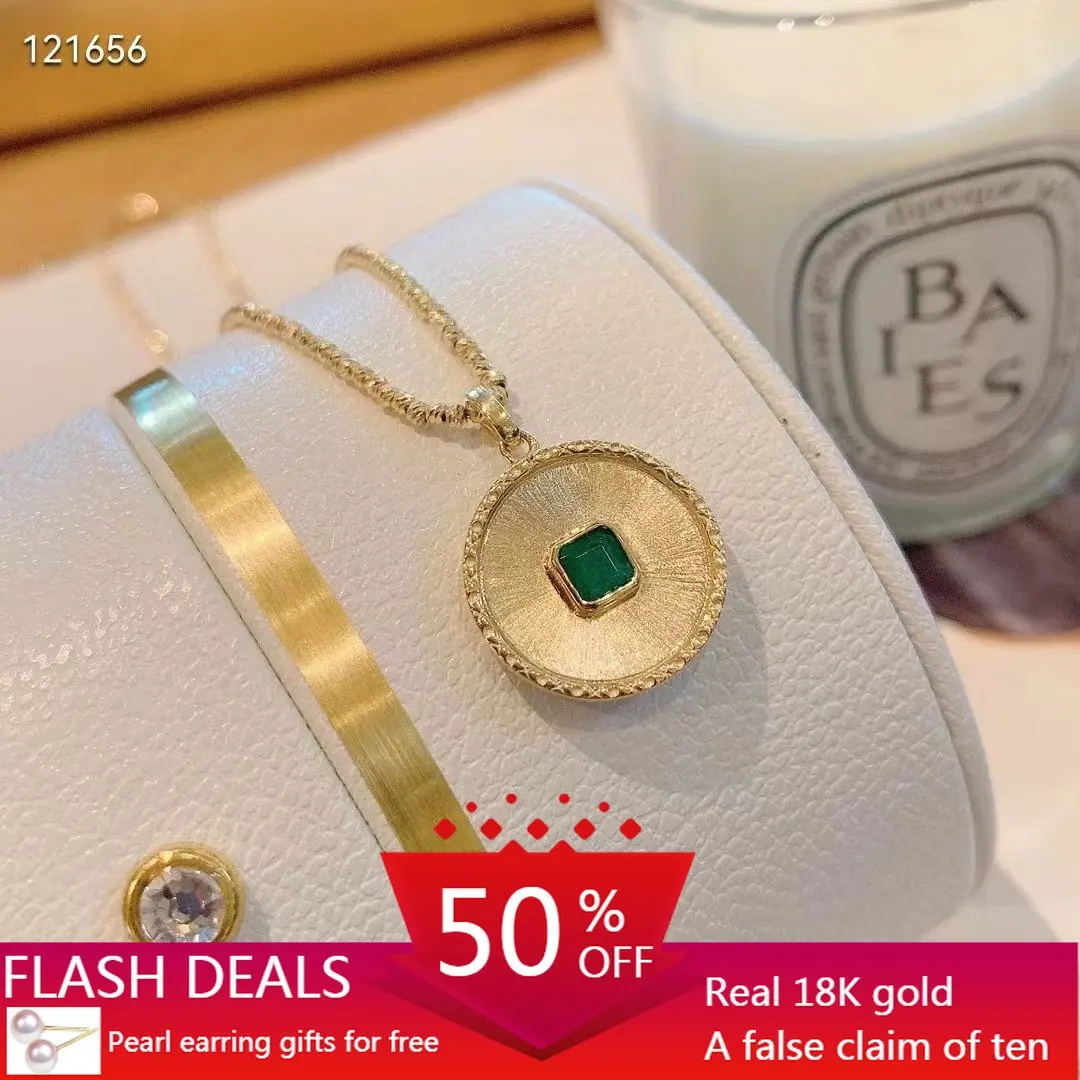 

18K Gold Vintage Brushed Emerald Pendant Noble Charming Simple Fashionable Jade Pendentifs for Women Fine Jewelry Gold-color