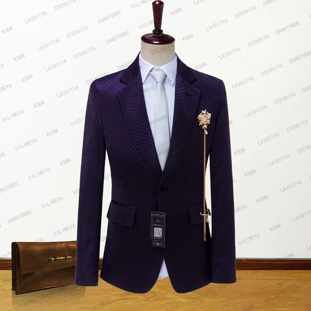 2023 New Dark Purple Jacquard Flora Polka Dots Men Suit Wedding Groom Notched Lapel Slim Fit Party Tuxedo Jacket Blazer Coat