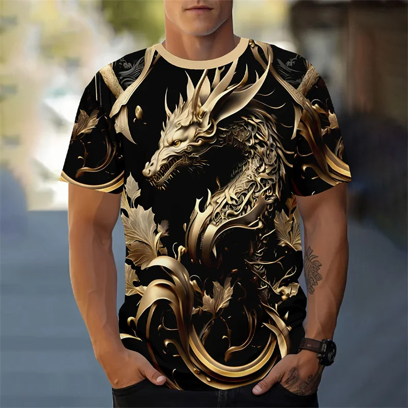 Dragon Lotus Flower Pattern T Shirt For Men Chinese Loong 3D Printed Tees Summer Casual Short Sleeve O-Neck Tops Unisex T-Shirts