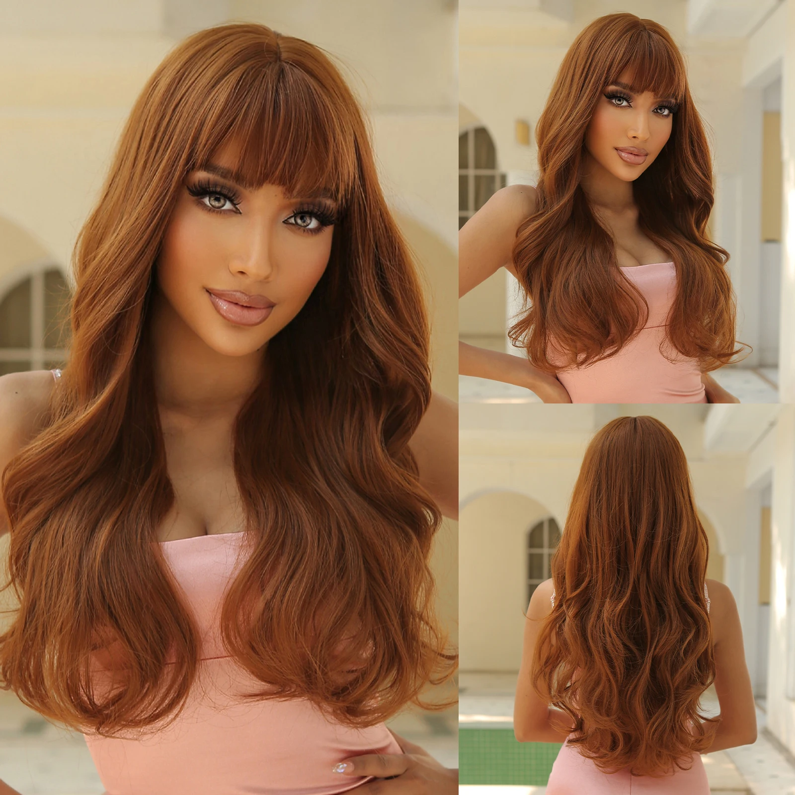 

LOUIS FERRE Long Brown Wavy Synthetic Wig for Black Women Ginger Natural Wave Hair Wig With Bangs Cosplay Heat Resistant Hair