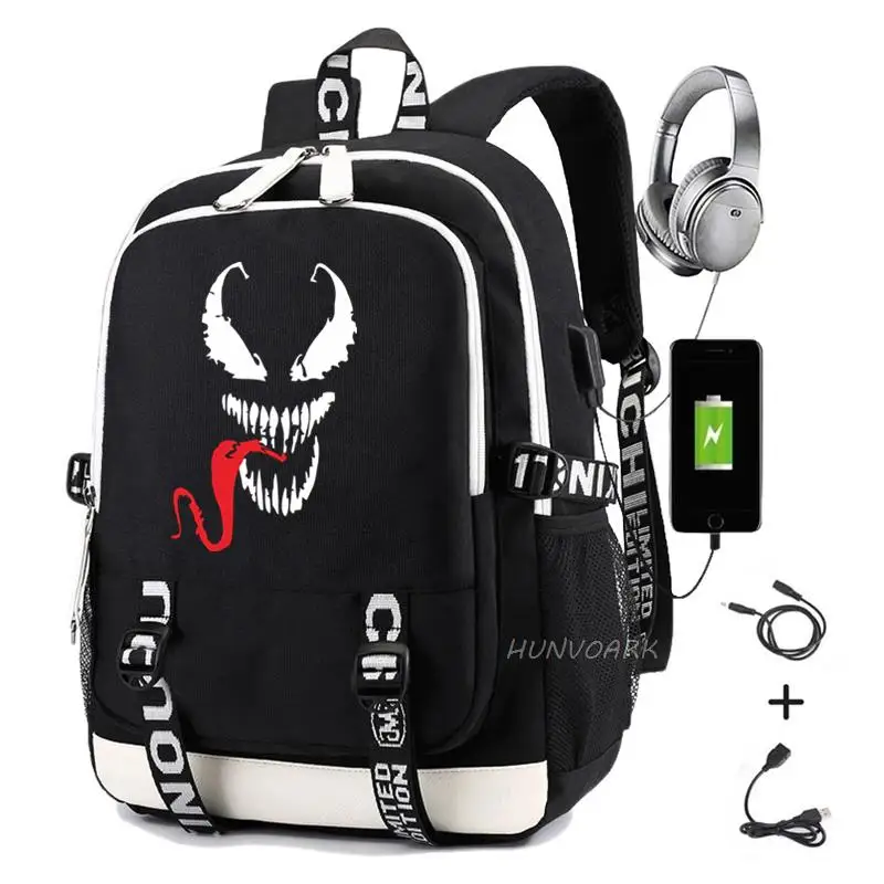 Рюкзак с USB-зарядкой супергероя Venom в стиле аниме для подростков школьная сумка