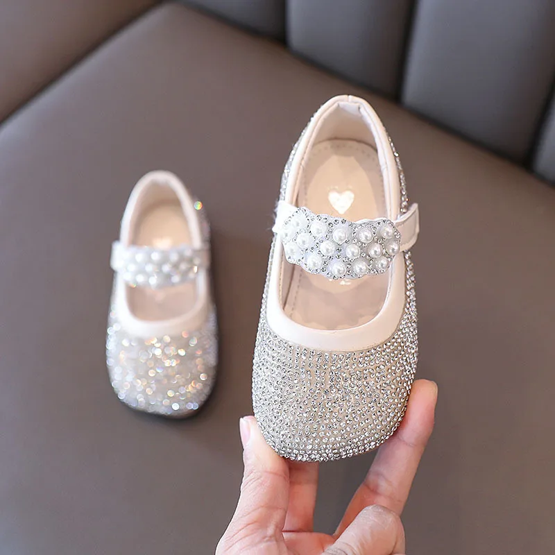 

1-6 Year Rhinestone Pearls Dress for Girl Shoes Baby Walker Flats Child Danc Party Shoe Kids Mary Jane Leather Shoe for Toddlers