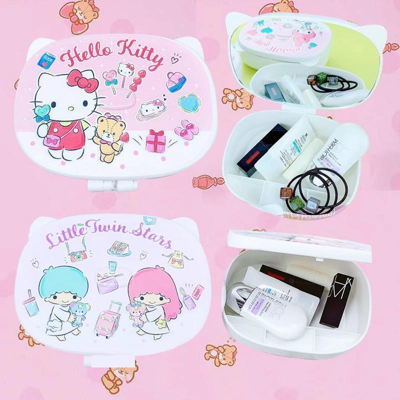 

Kawaii Sanrioed Makeup Mirror Hello Kitty Kuromi Cinnamoroll Cosmetic Storage Box Anime My Melody Small Desktop Mirror Girl Gift