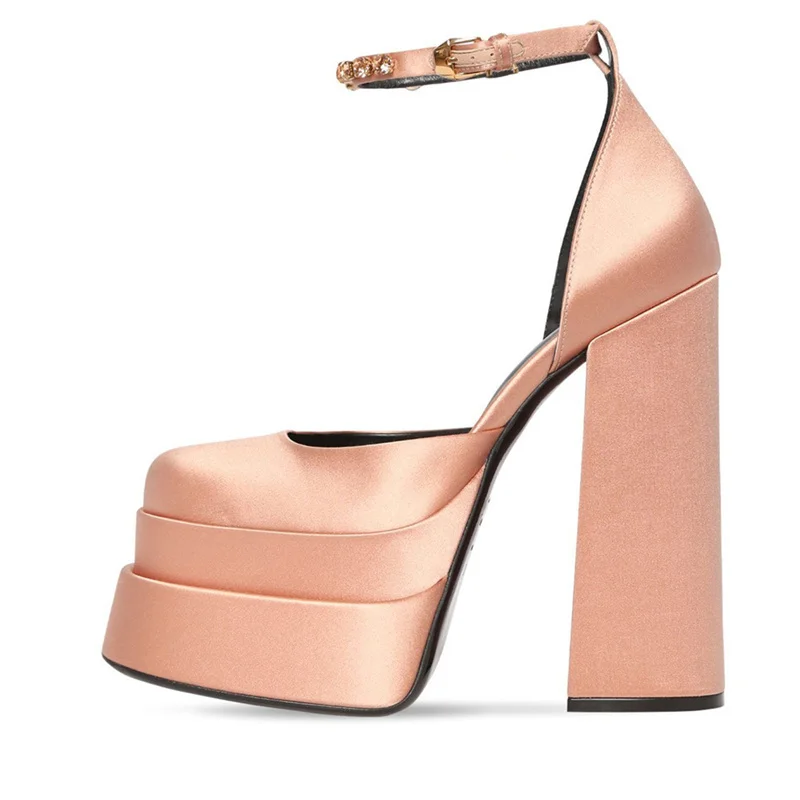

High Quality Sheepskin Pad Feet Rhinestone Ladies Sandals New Silk Satin Square Toe Hollow Ladies High Heels Sexy Platform Shoes