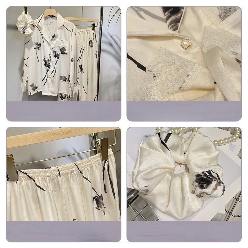 Women's 3 Piece Pajamas Set inkwash painting rose Lace Pijama Faux Silk Satin Pyjamas Female Sleepwear Long Sleeve Shirt Pants