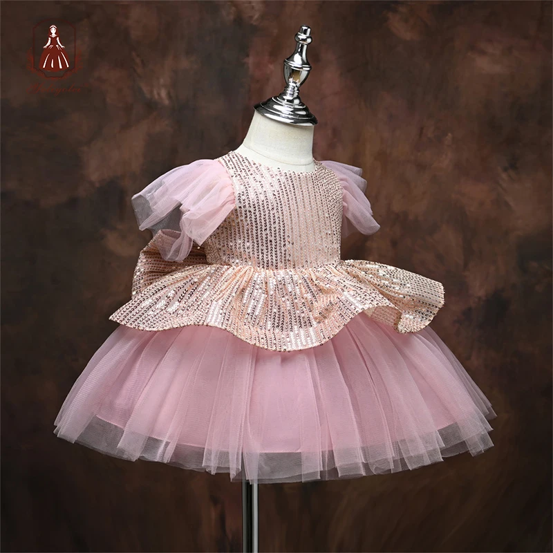 

Yoliyolei Gorgeous Baby Toddler Dresses Layered 1 Year Birthday Party Girl Dress Elegant Fluffy Bow Sequins Children Clothes