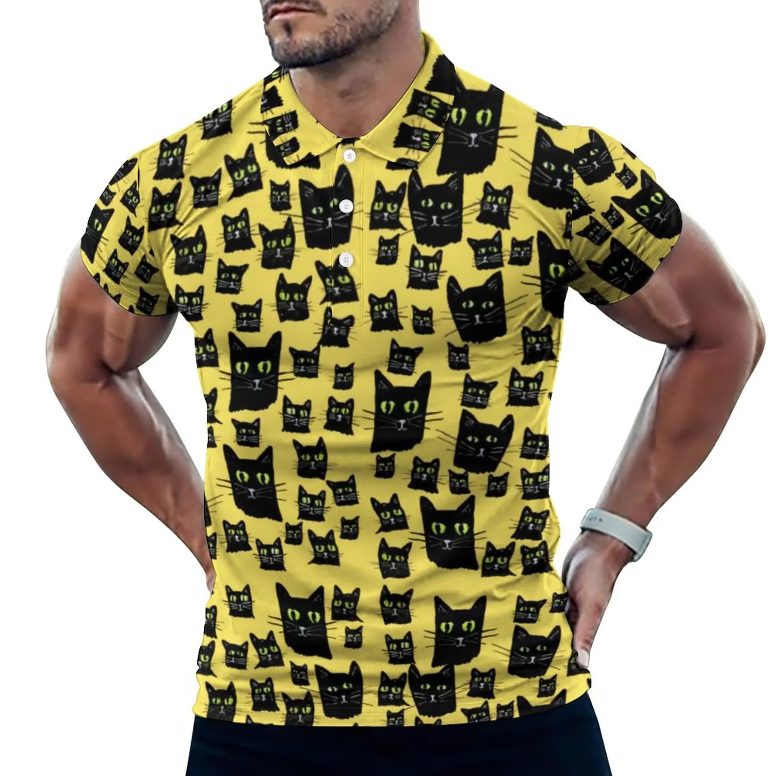 

Рубашка-поло мужская с принтом в виде черного кота, на Хэллоуин