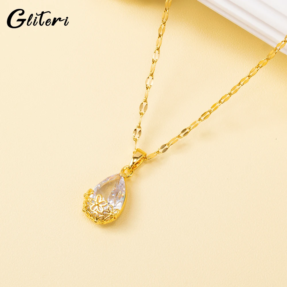 

GEITERI Fashion Crystal Water Drop Pendant Necklaces For Women Girls Gold Color Chian Crystal Clavicular Chain Jewelry Female