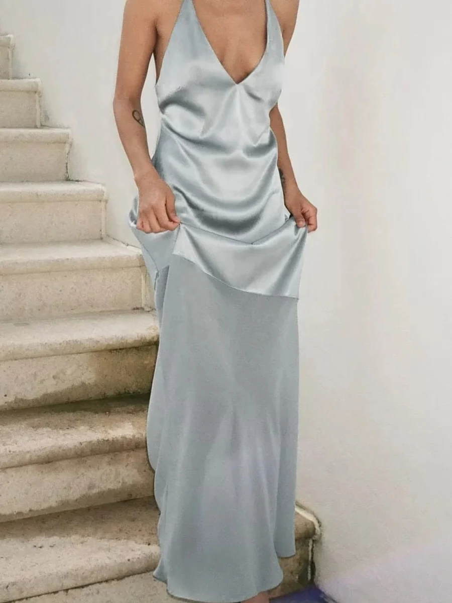 

Атласные Лоскутные Летние платья для женщин, новинка 2023, сексуальное элегантное вечернее длинное платье с V-образным вырезом, женское винтажное модное платье