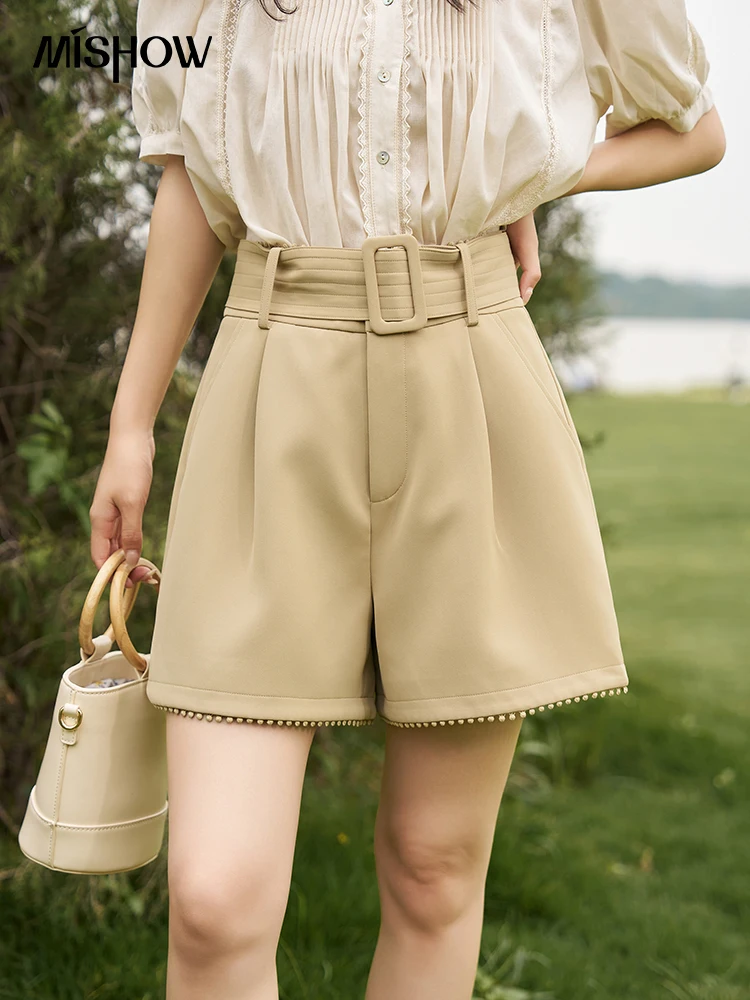 MISHOW Women's Casual Shorts 2023 Summer High Waist Fashion Belt Solid Loose Female Pocket Wide Leg Pants Office Lady MXC36K0042