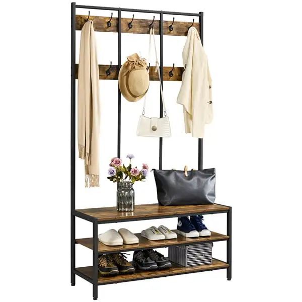

Industrial Hall Tree with 2 Storage Shelves, Rustic Brown