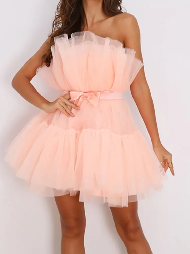 

Women Summer Sexy Elegant Mini Dress Solid Strapless Cascading Lace Up Bow Sashes Sweet Party Ball Gown Vestidos Femme Clothes