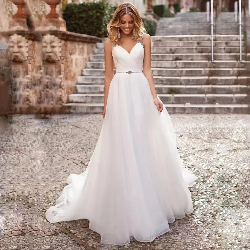 

Charming Spaghetti Straps A-line Wedding Dresses with Crystal Robe de Mariee Custom Made Backless V-Neck Organza Bridal Gown